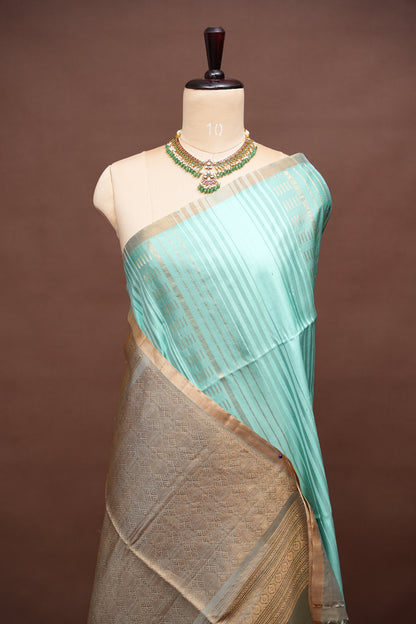 Pure Soft Silk Saree - Mint Green and Ivory Champagne