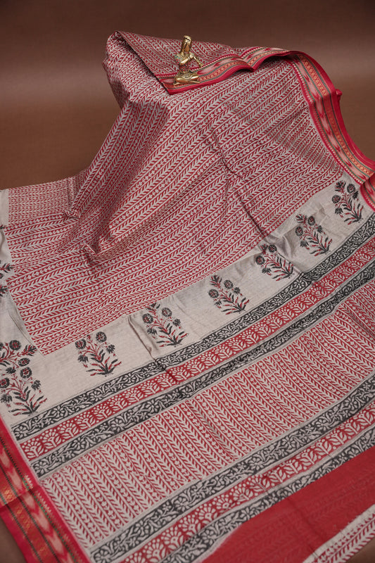 Chanderi Silk Cotton Block Printed Saree - Grey & Red
