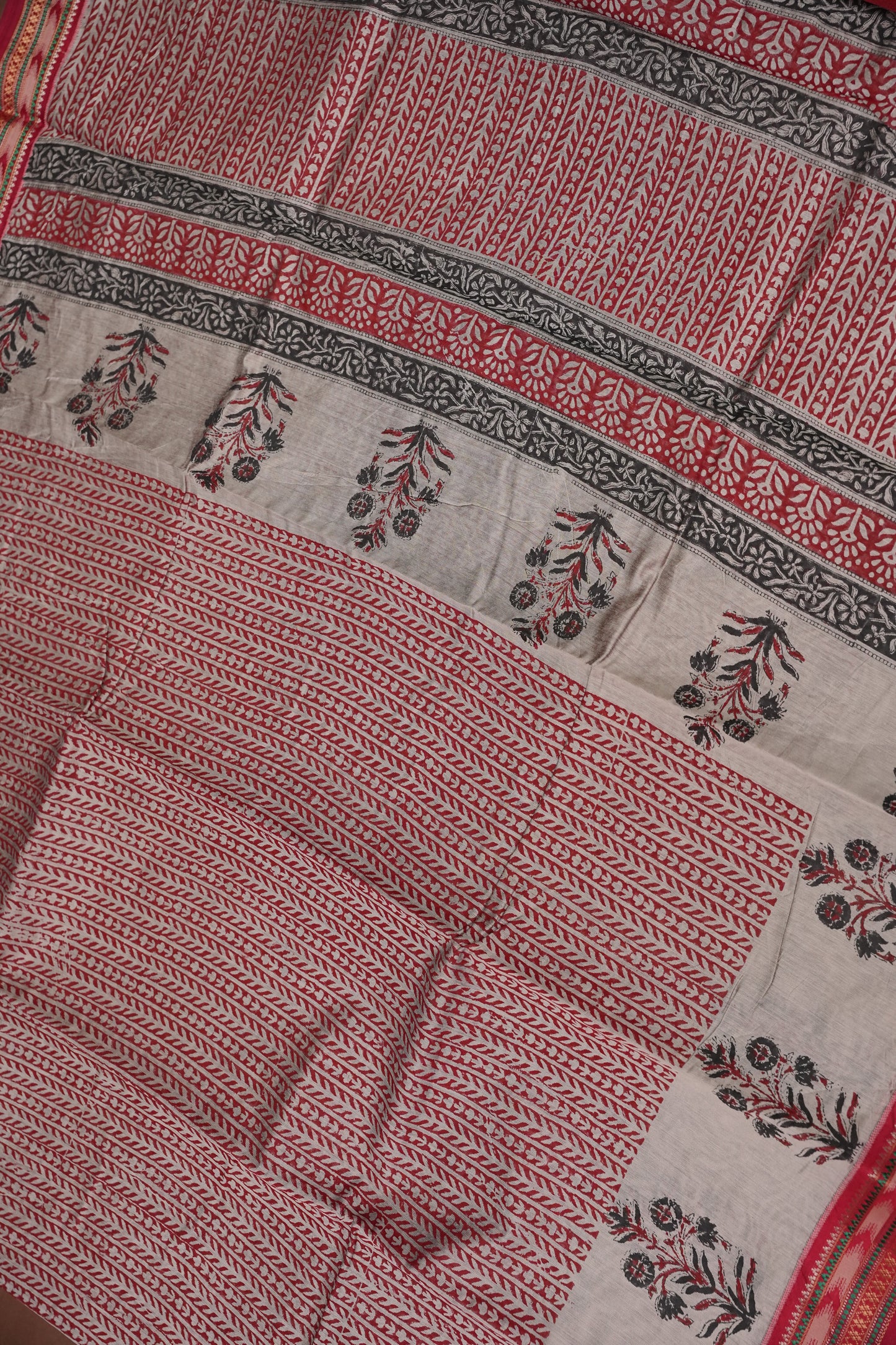 Chanderi Silk Cotton Block Printed Saree - Grey & Red
