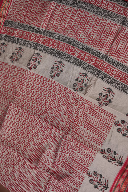 Chanderi Silk Cotton Block Printed Saree - Grey & Red