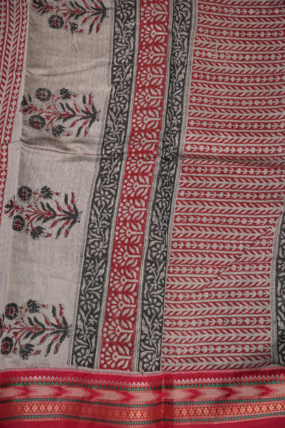 Chanderi Silk Cotton Block Printed Saree - Grey & Red