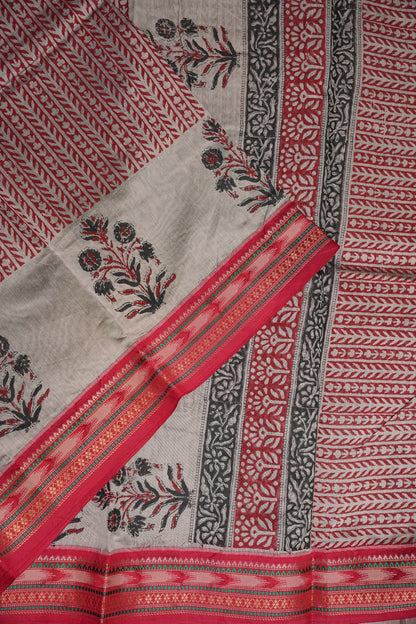 Chanderi Silk Cotton Block Printed Saree - Grey & Red