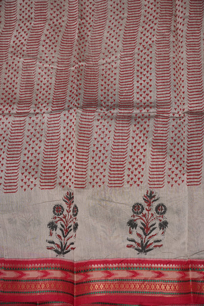 Chanderi Silk Cotton Block Printed Saree - Grey & Red