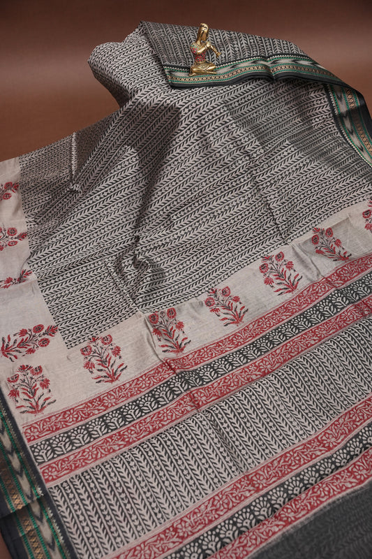 Chanderi Silk Cotton Block Printed Saree - Grey