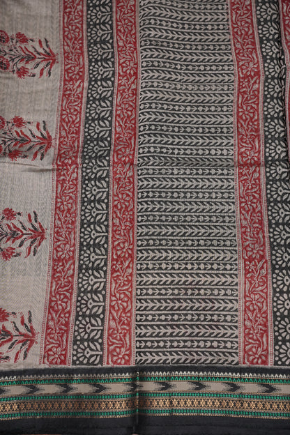 Chanderi Silk Cotton Block Printed Saree - Grey