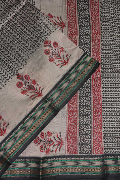 Chanderi Silk Cotton Block Printed Saree - Grey