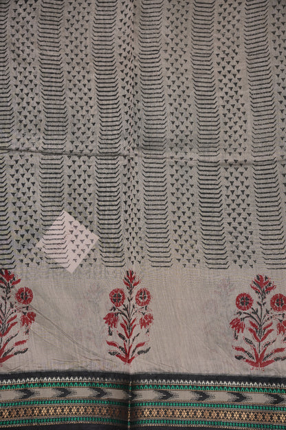 Chanderi Silk Cotton Block Printed Saree - Grey