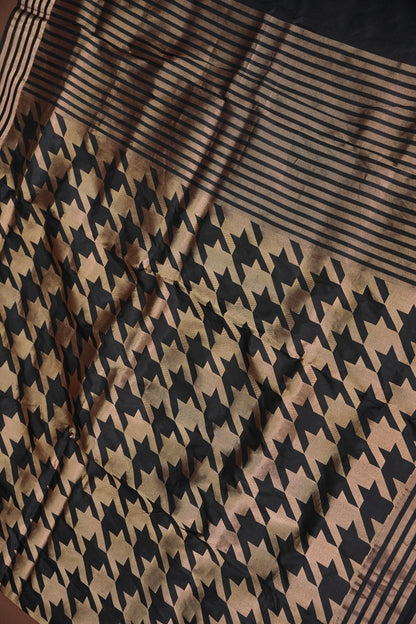 Geometric Patterned Pure Handloom Silk Katan Banaras Saree – Black