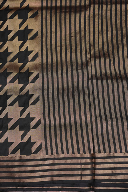 Geometric Patterned Pure Handloom Silk Katan Banaras Saree – Black