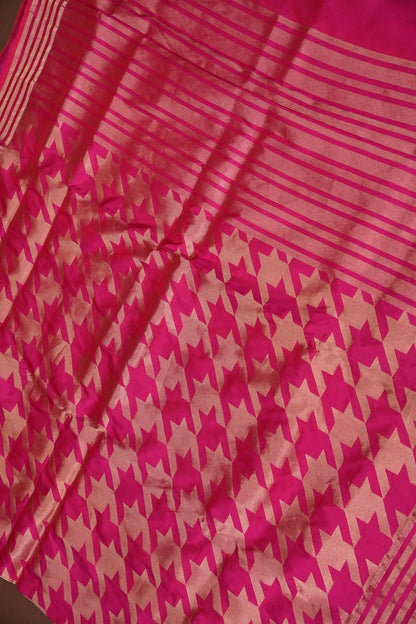 Geometric Patterned Pure Handloom Silk Katan Banaras Saree - Hot Pink
