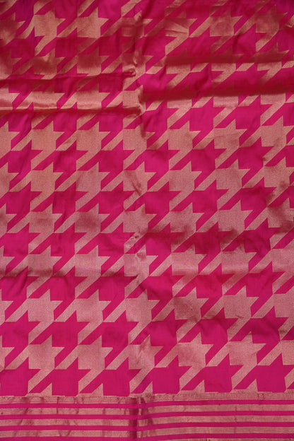 Geometric Patterned Pure Handloom Silk Katan Banaras Saree - Hot Pink