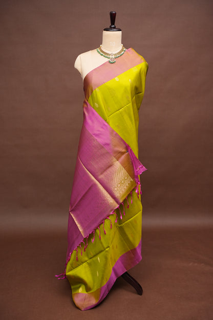 Pure Soft Silk Saree - Parrot Green with Pink