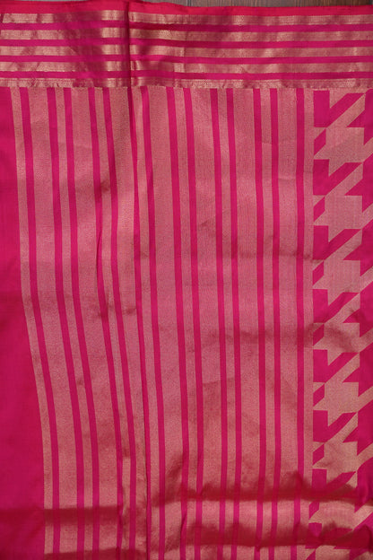 Geometric Patterned Pure Handloom Silk Katan Banaras Saree - Hot Pink