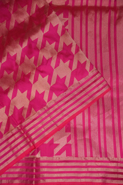 Geometric Patterned Pure Handloom Silk Katan Banaras Saree - Hot Pink