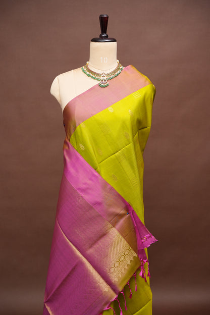 Pure Soft Silk Saree - Parrot Green with Pink