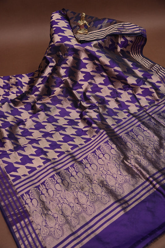 Geometric Patterned Pure Handloom Silk Katan Banaras Saree – Royal Purple