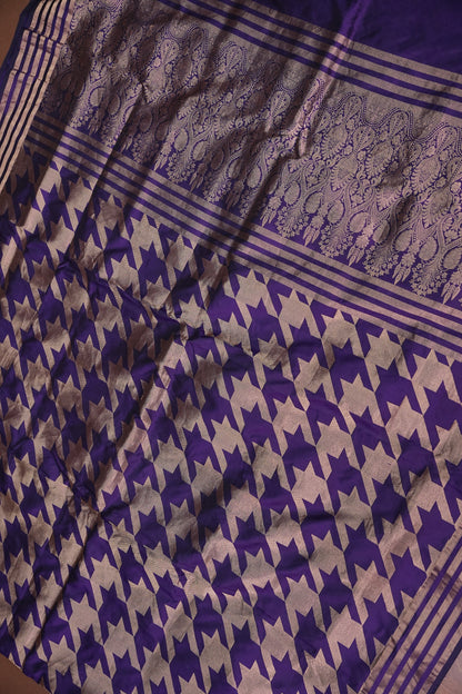 Geometric Patterned Pure Handloom Silk Katan Banaras Saree – Royal Purple
