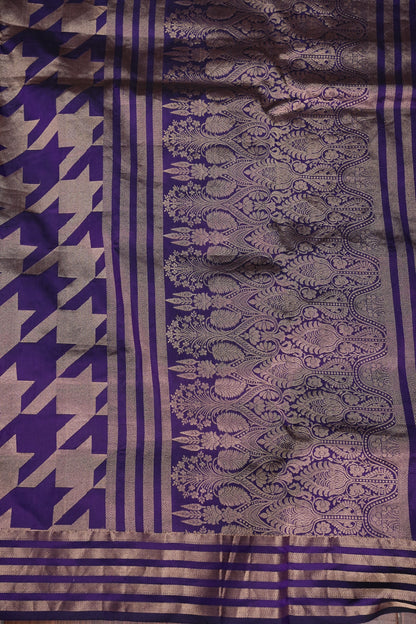 Geometric Patterned Pure Handloom Silk Katan Banaras Saree – Royal Purple