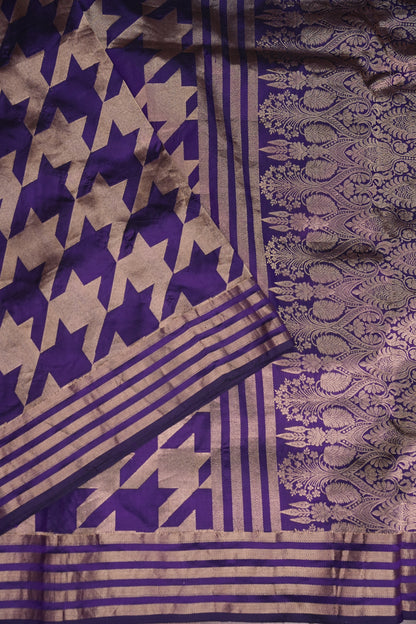 Geometric Patterned Pure Handloom Silk Katan Banaras Saree – Royal Purple