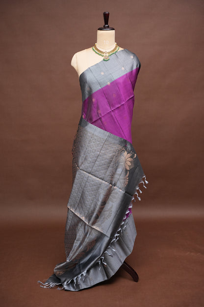 Pure Soft Silk Saree - Wine & Silver Grey