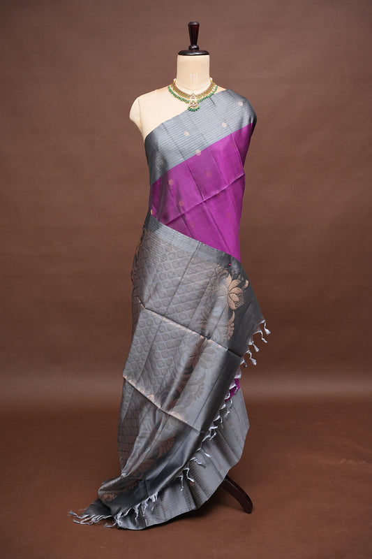 Pure Soft Silk Saree - Wine & Silver Grey