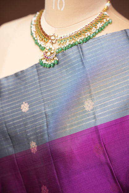 Pure Soft Silk Saree - Wine & Silver Grey