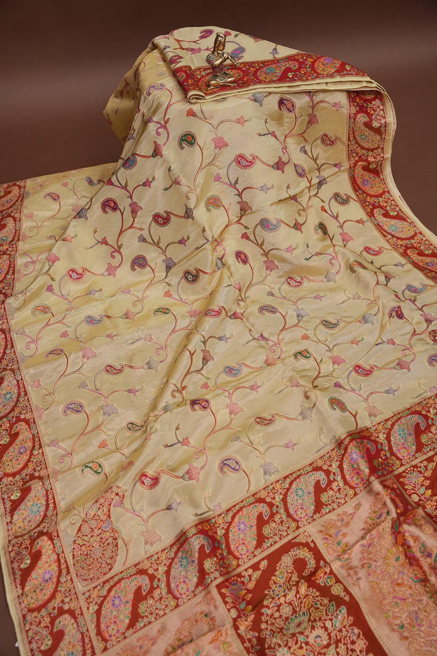Kashmiri Pashmina Mellow Tissue Saree - Ivory Gold