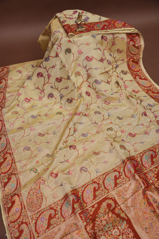 Kashmiri Pashmina Mellow Tissue Saree - Ivory Gold