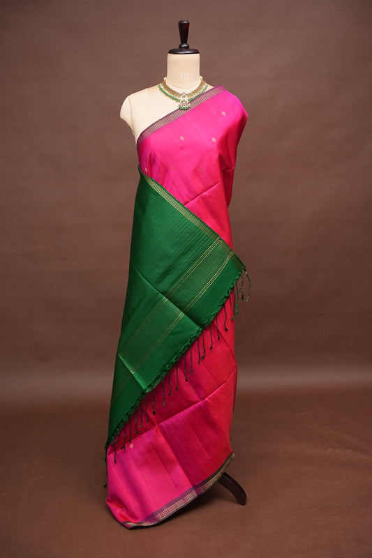 Pure Soft Silk Saree - Rani Pink & Bottle Green
