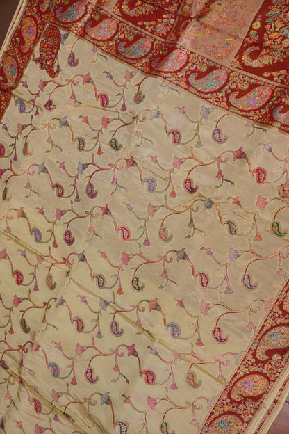 Kashmiri Pashmina Mellow Tissue Saree - Ivory Gold