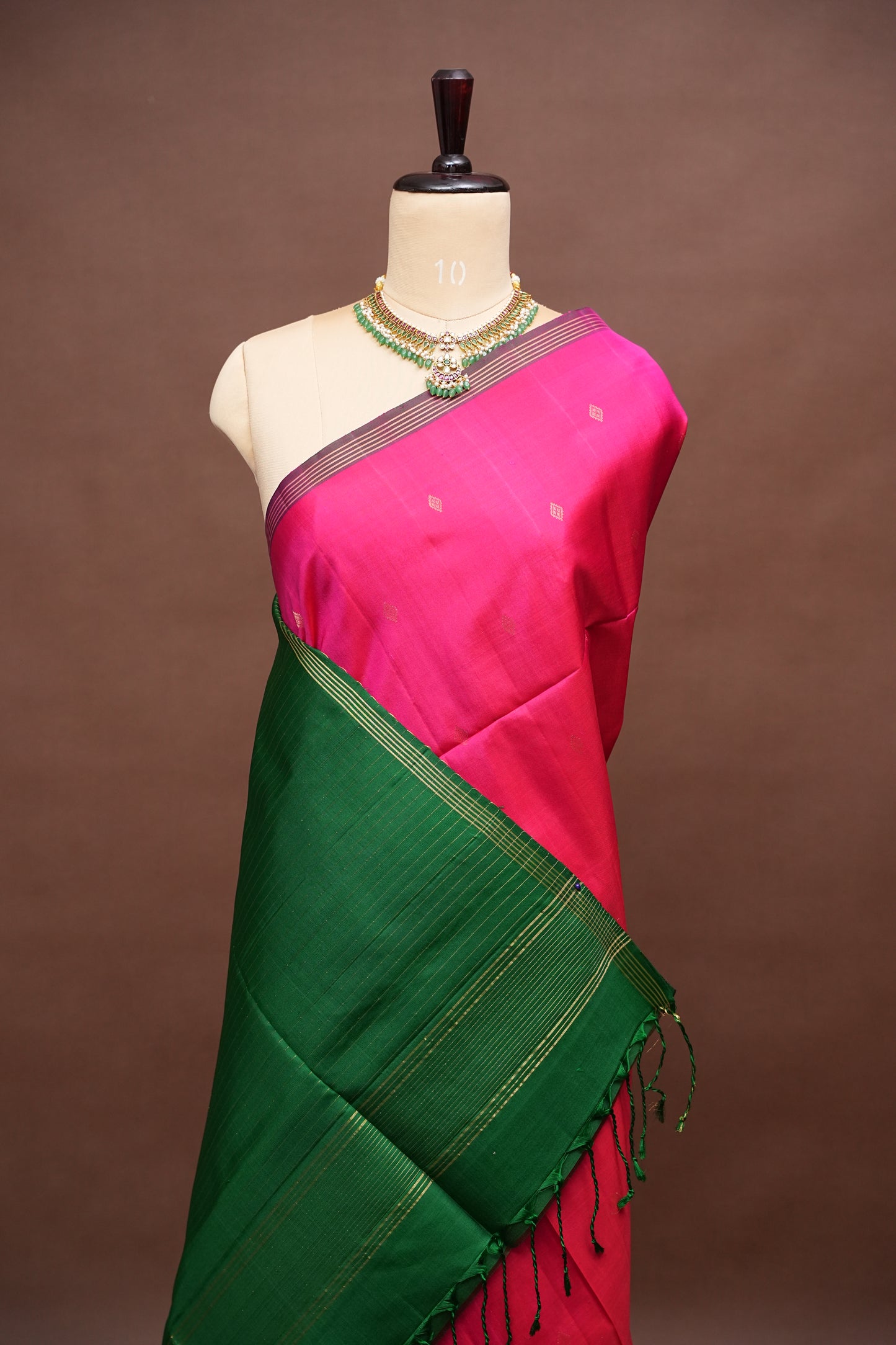 Pure Soft Silk Saree - Rani Pink & Bottle Green
