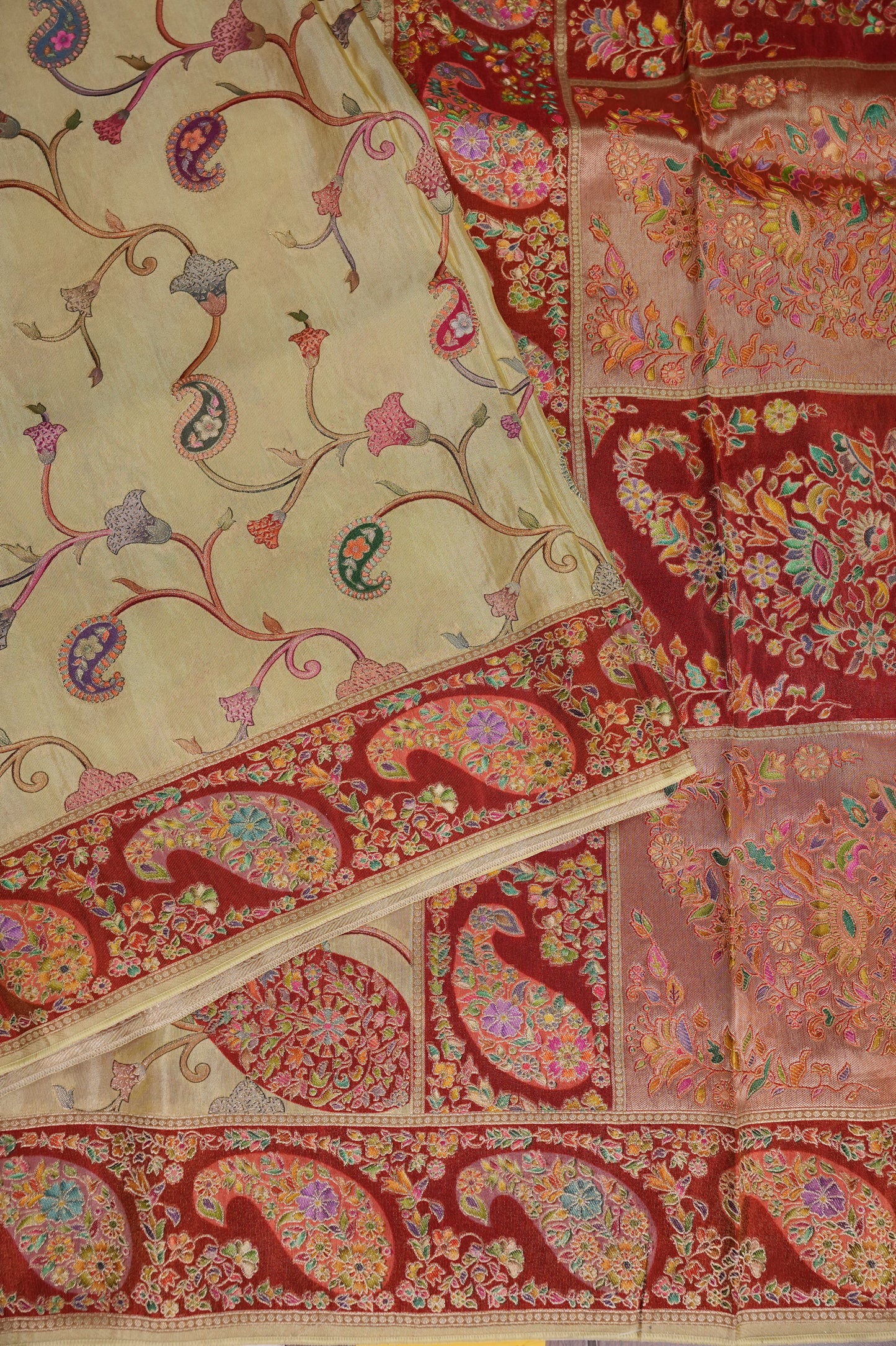 Kashmiri Pashmina Mellow Tissue Saree - Ivory Gold
