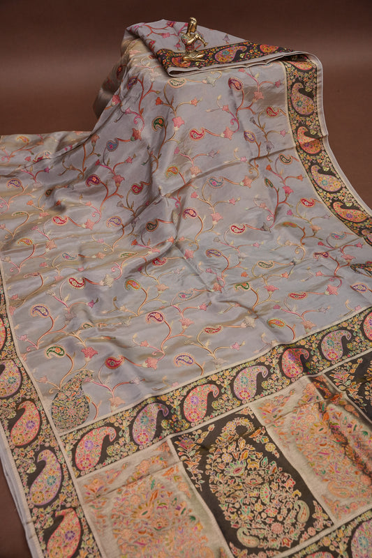 Kashmiri Pashmina Mellow Tissue Saree - Soft Grey