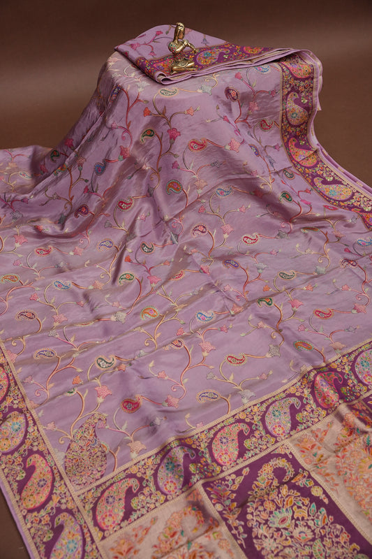 Kashmiri Pashmina Mellow Tissue Saree - Dusty Lavender / Lilac Tone.