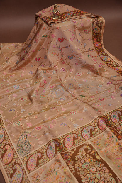 Kashmiri Pashmina Mellow Tissue Saree - Antique Gold Beige