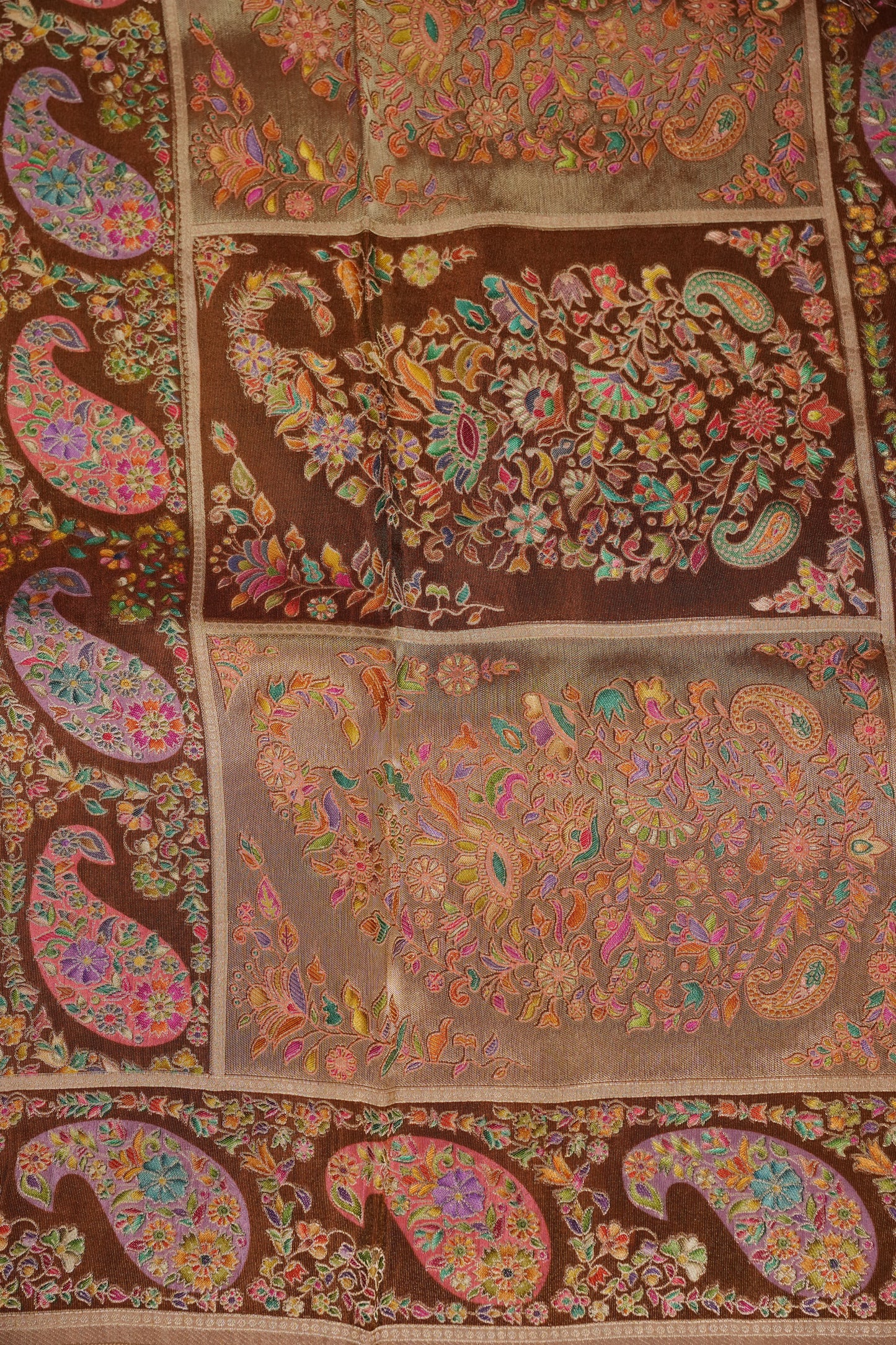 Kashmiri Pashmina Mellow Tissue Saree - Antique Gold Beige