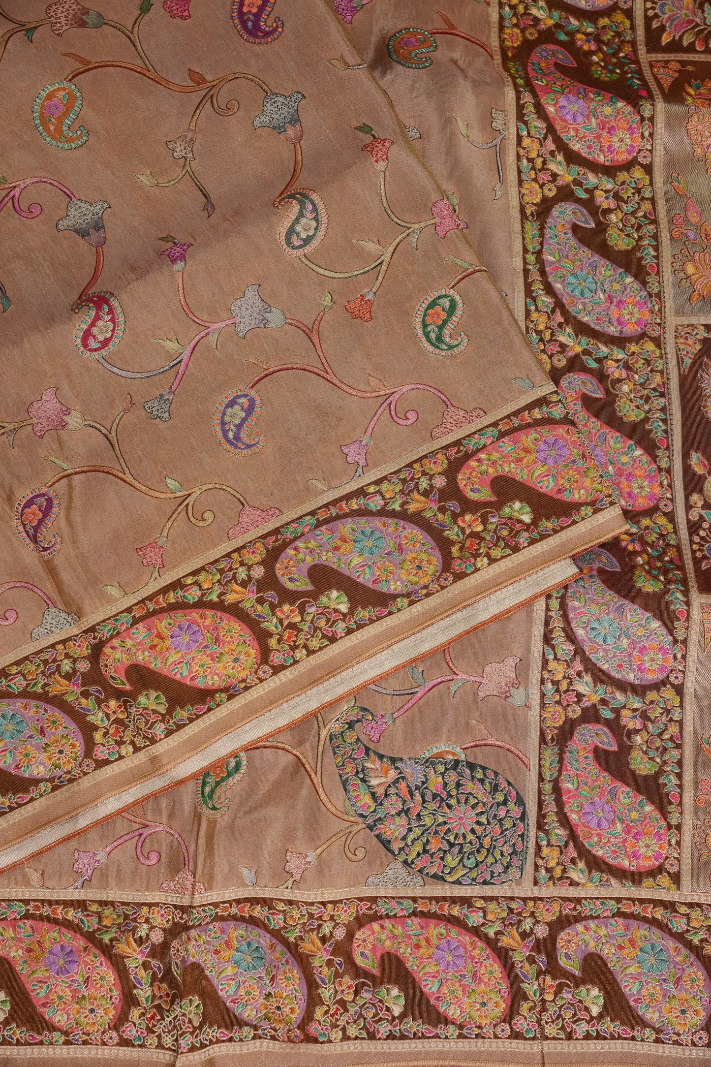 Kashmiri Pashmina Mellow Tissue Saree - Antique Gold Beige