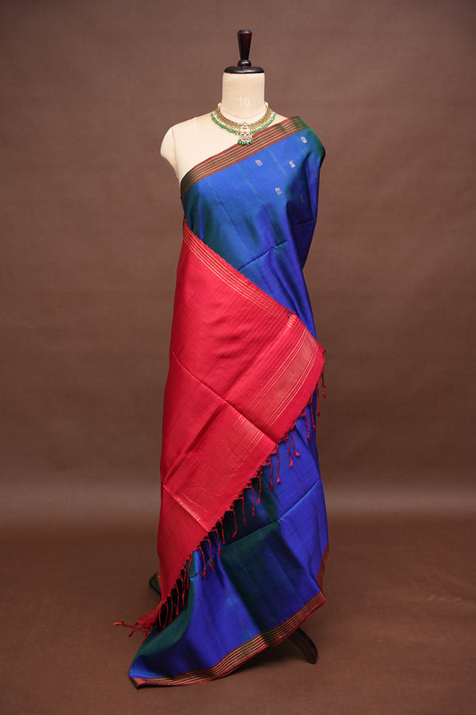 Pure Soft Silk Saree - Royal Blue & Red