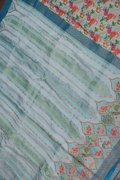 Munga & Mashru Silk Saree – Powder Blue with Multicolour Floral Weaves