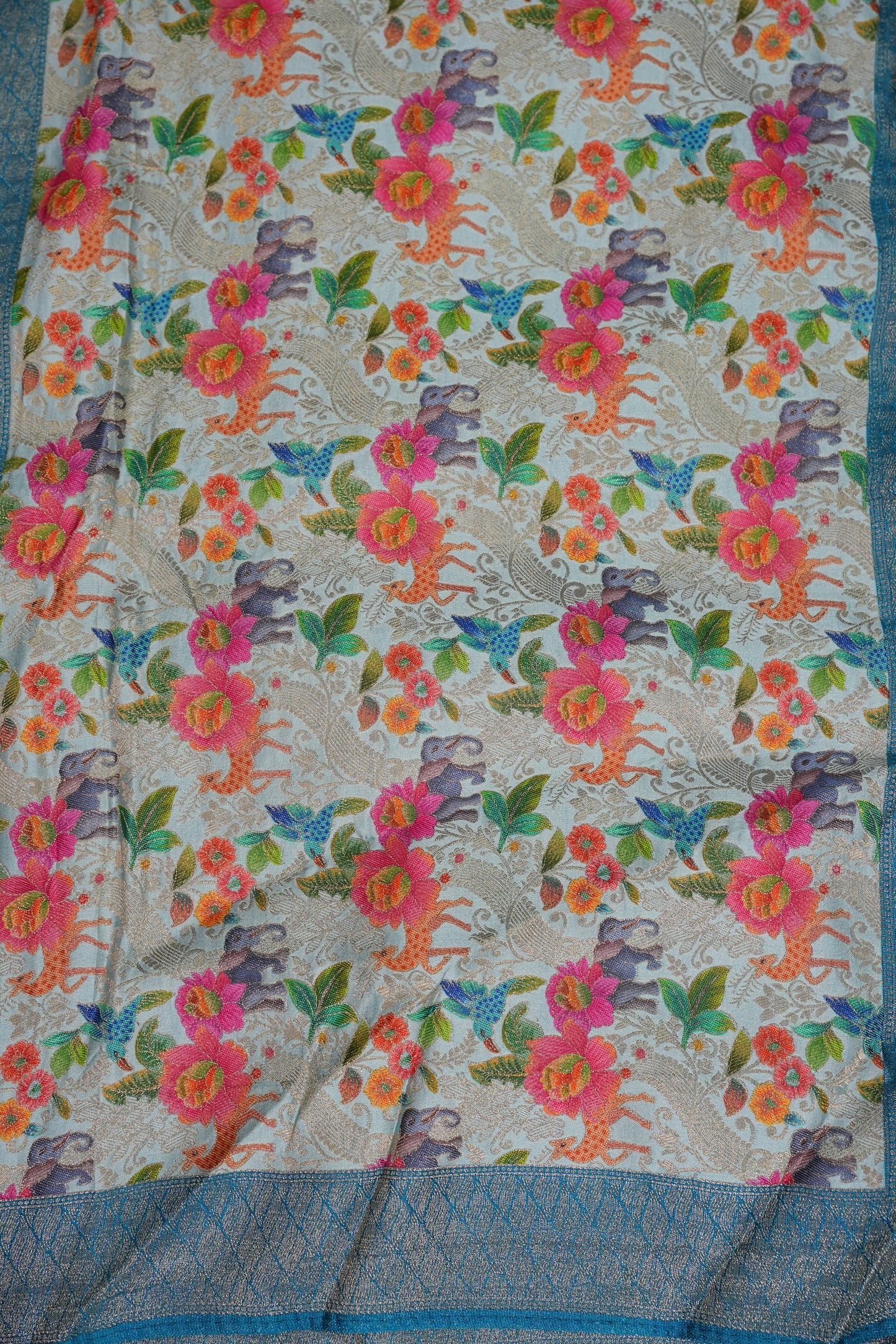 Munga & Mashru Silk Saree – Powder Blue with Multicolour Floral Weaves