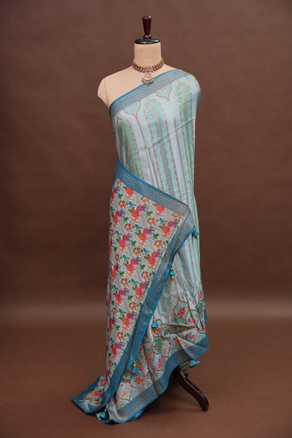 Munga & Mashru Silk Saree – Powder Blue with Multicolour Floral Weaves