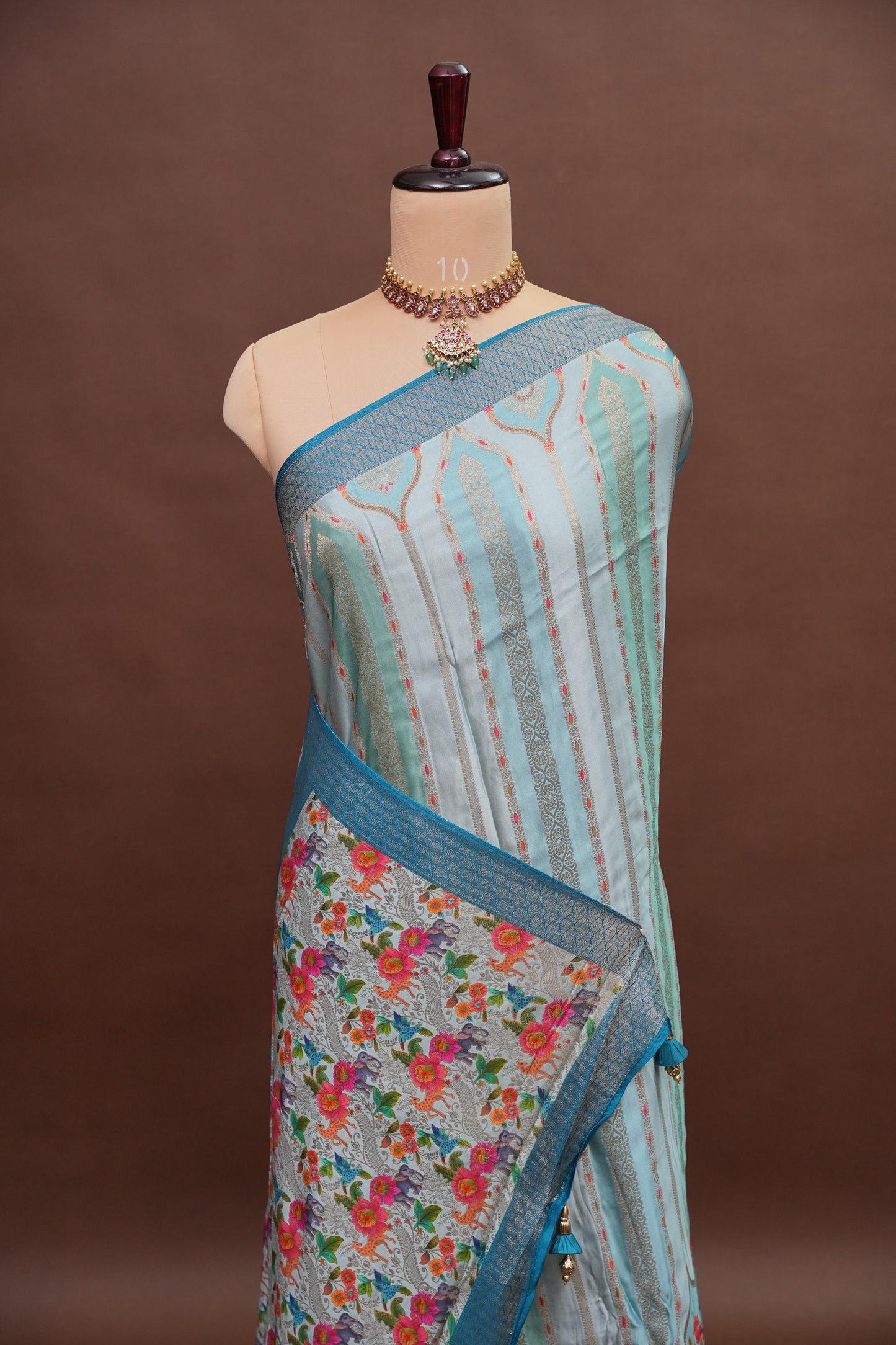 Munga & Mashru Silk Saree – Powder Blue with Multicolour Floral Weaves