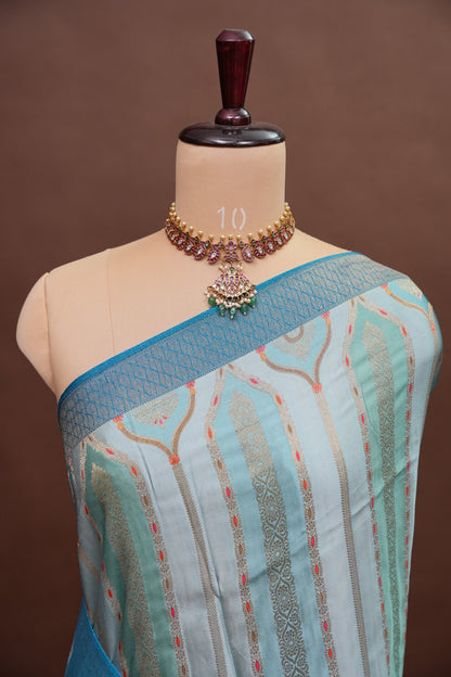 Munga & Mashru Silk Saree – Powder Blue with Multicolour Floral Weaves