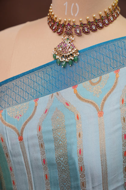 Munga & Mashru Silk Saree – Powder Blue with Multicolour Floral Weaves