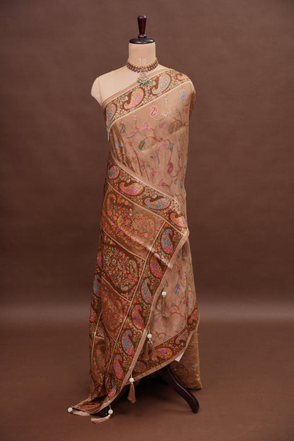 Kashmiri Pashmina Mellow Tissue Saree - Antique Gold Beige