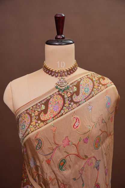 Kashmiri Pashmina Mellow Tissue Saree - Antique Gold Beige