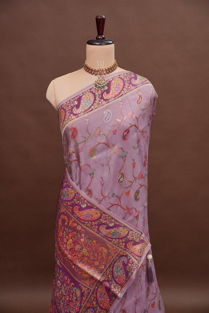 Kashmiri Pashmina Mellow Tissue Saree - Dusty Lavender / Lilac Tone.