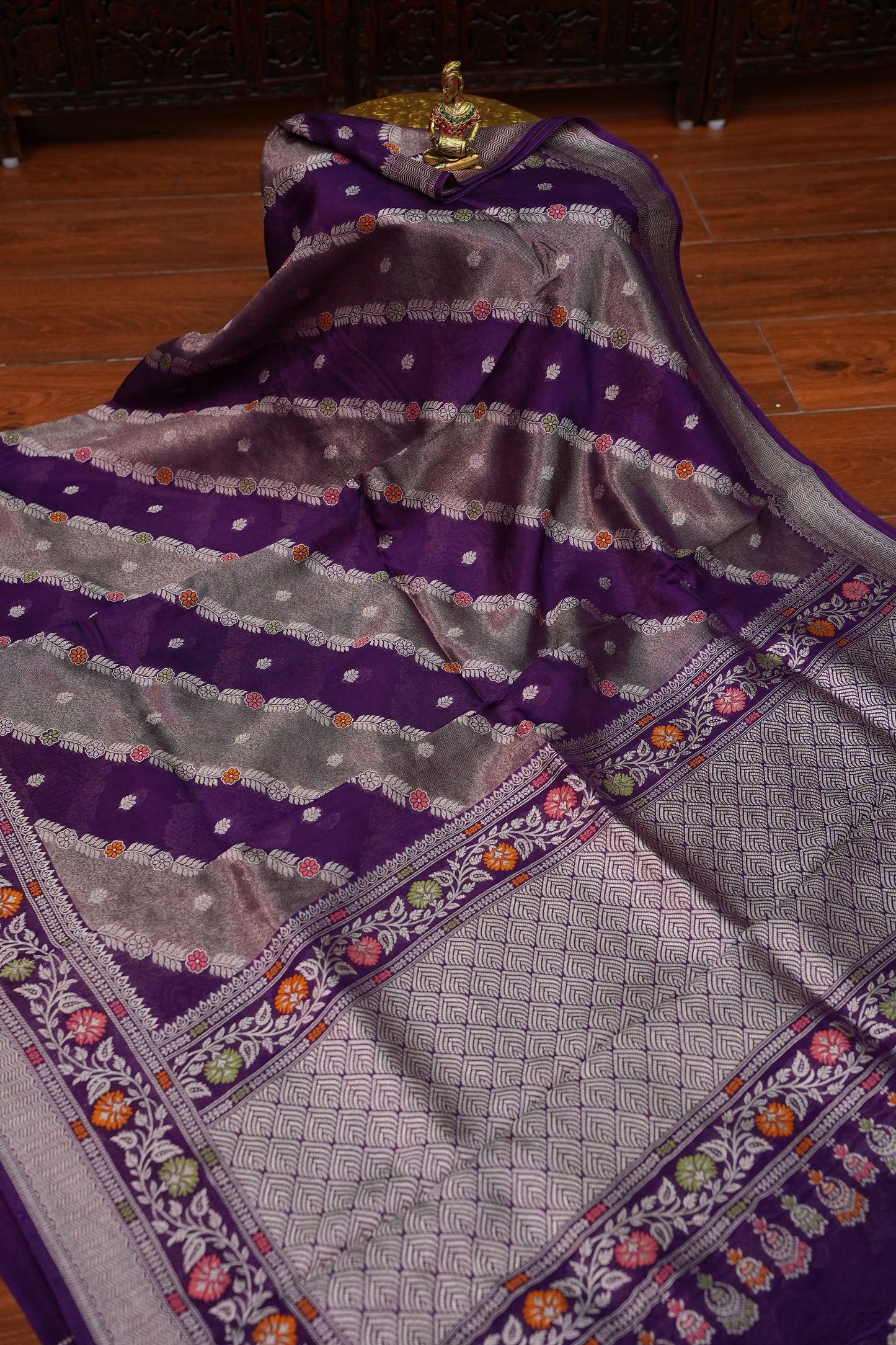 Mellow Tissue & Banarasi Fusion Saree with Meenakari Detailing – Deep Purple