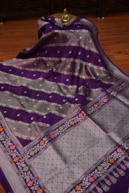 Mellow Tissue & Banarasi Fusion Saree with Meenakari Detailing – Deep Purple