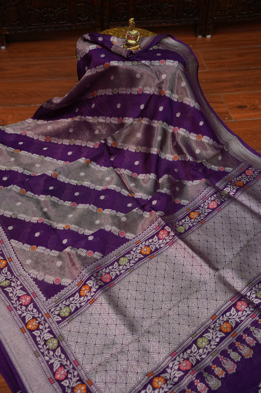 Mellow Tissue & Banarasi Fusion Saree with Meenakari Detailing – Deep Purple
